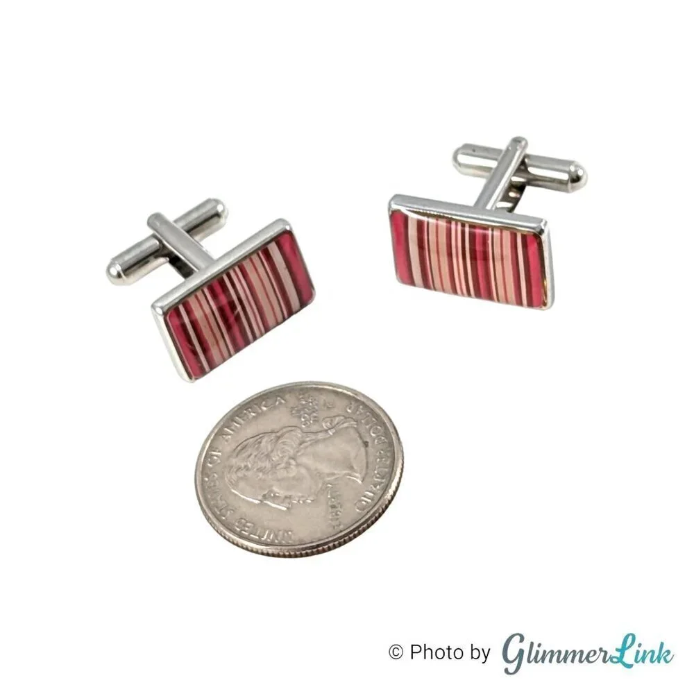 Rectangle Vertical Parallel Pink Bar Line Stripes Silver Tone Cufflinks